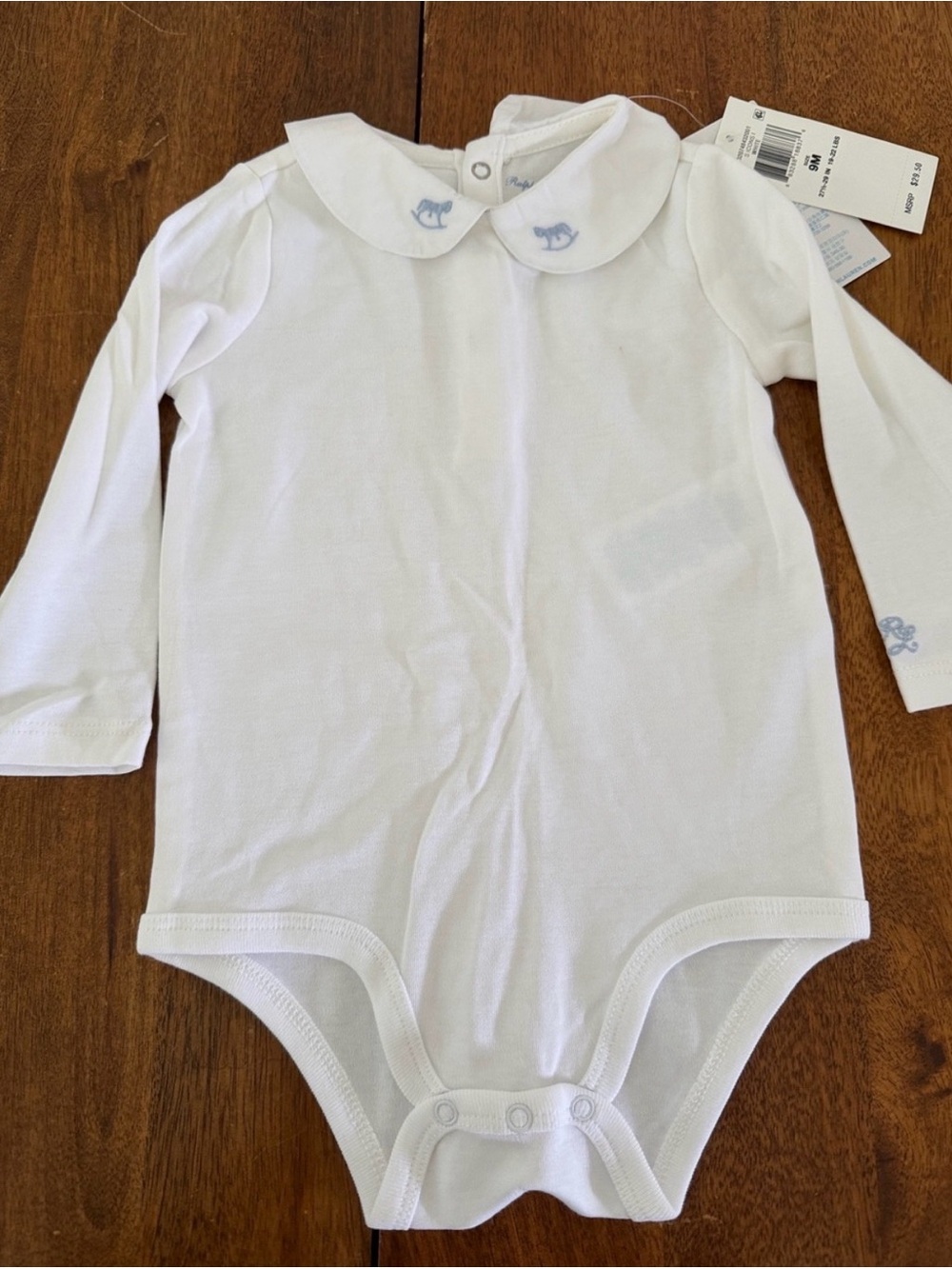 Ralph Lauren White Long-Sleeve Baby One-Piece with Peter Pan Collar